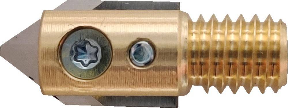 Eine Nahaufnahme einer Messingmechanikkomponente mit zwei sichtbaren Schrauben, möglicherweise Teil einer größeren Maschine, die die Materialtextur hervorhebt.