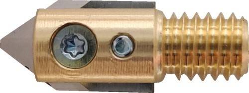 Eine Nahaufnahme eines Messingkupplers mit zwei Schrauben, eine auf der linken Seite und eine in der Mitte, verwendet zum Verbinden von Rohren oder Schläuchen.