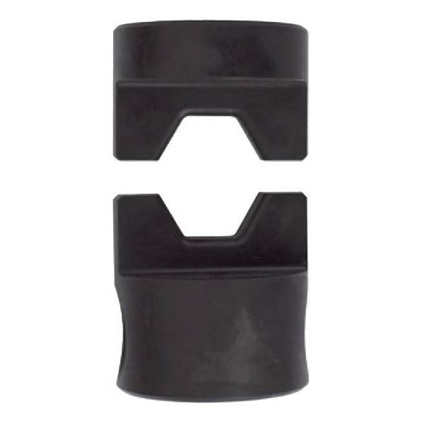 Zwei schwarze Kunststoffteile mit Aussparungen, senkrecht positioniert. Das obere Teil hat eine nach unten geöffnete V-Aussparung, während das untere Teil diese mit einer nach oben geöffneten V-Aussparung ergänzt.