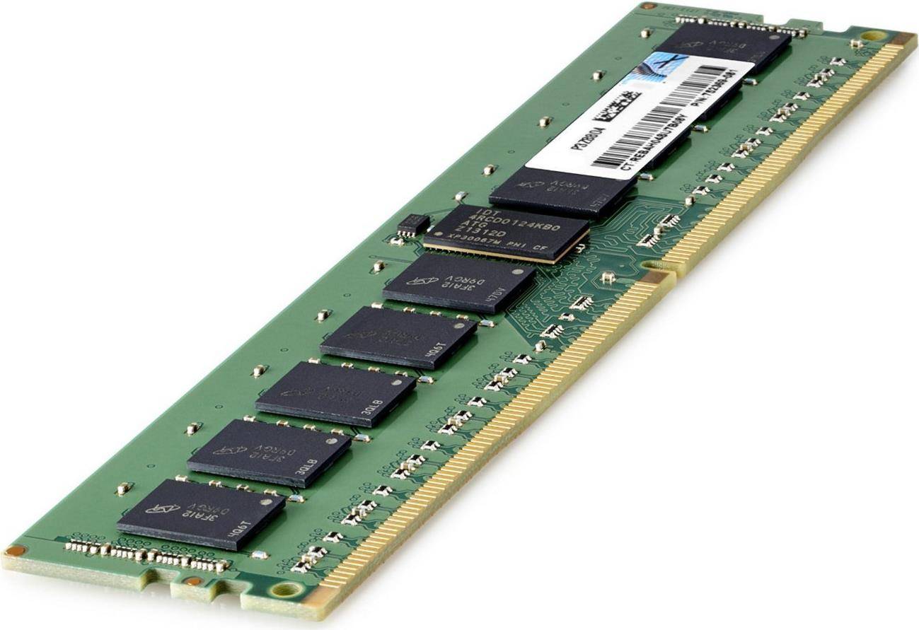 Ein grünes Computer-RAM-Modul mit mehreren schwarzen Speicherchips und einem Etikett oben.