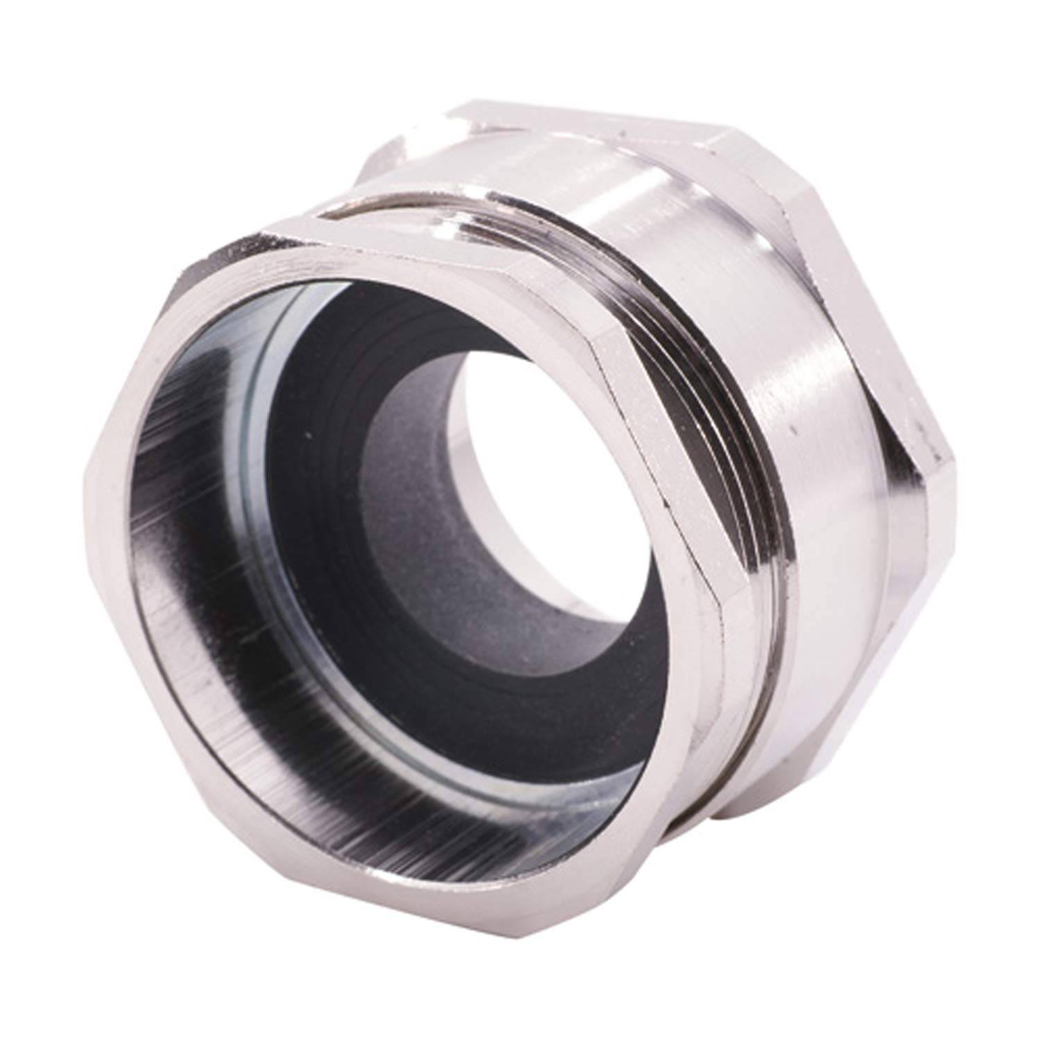 Eine metallische sechseckige Kupplung mit gewindeter Innenbohrung, verwendet zum Verbinden von Rohren oder Kabeln. Ihr glänzender, silberner Finish reflektiert das Licht.