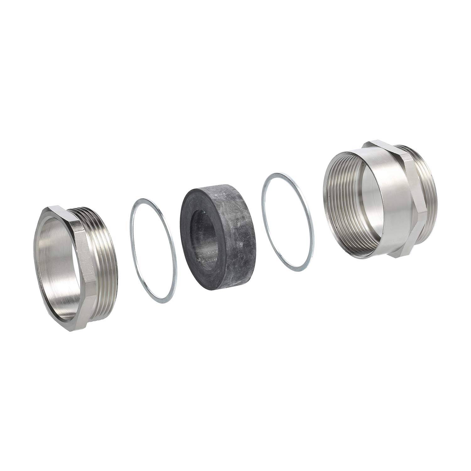 Metallrohrübergangsreduzierung, einschließlich Gewindeanschlüssen, Gummidichtung und Metallringen, in zerlegter Ansicht dargestellt.