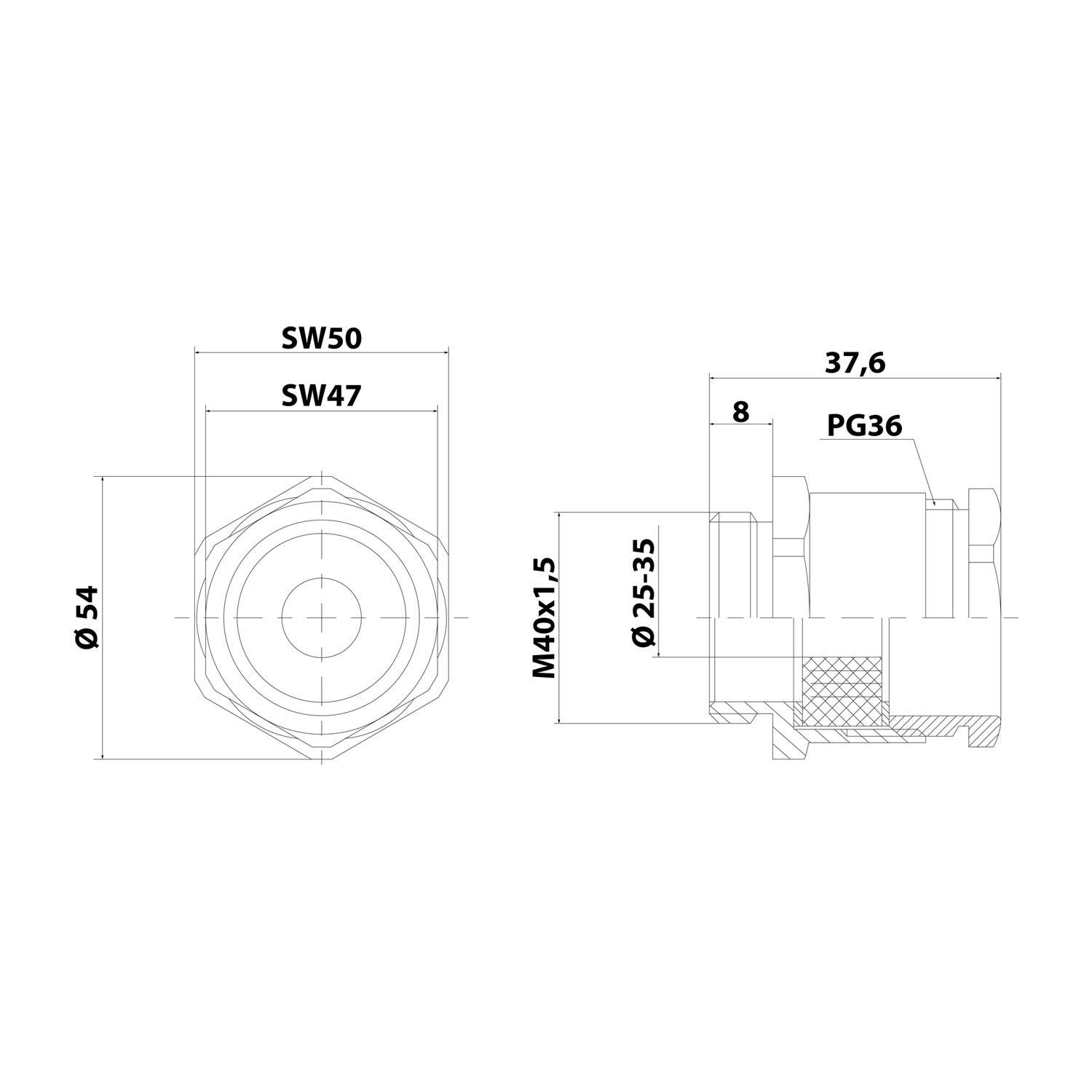 Technische Zeichnung einer Zylinderbaugruppe mit Abmessungen: Außendurchmesser 54 mm, Höhe 37,6 mm, und Gewindeabschnitte M40x1,5 und PG36.