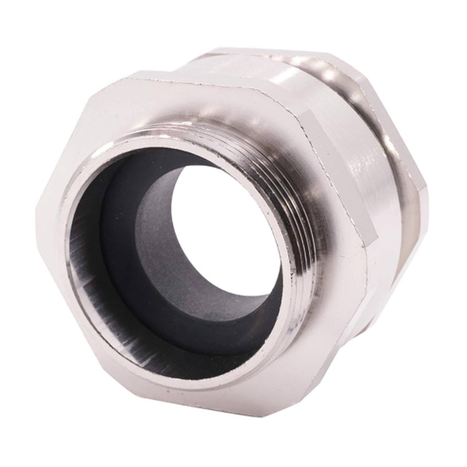 Ein sechseckiger Metallkabeleinführungstrichter, der zum Sichern von Kabeln, die durch ein Gehäuse geführt werden, konzipiert ist und dessen Innengewinde und polierte Außenseite zeigt.