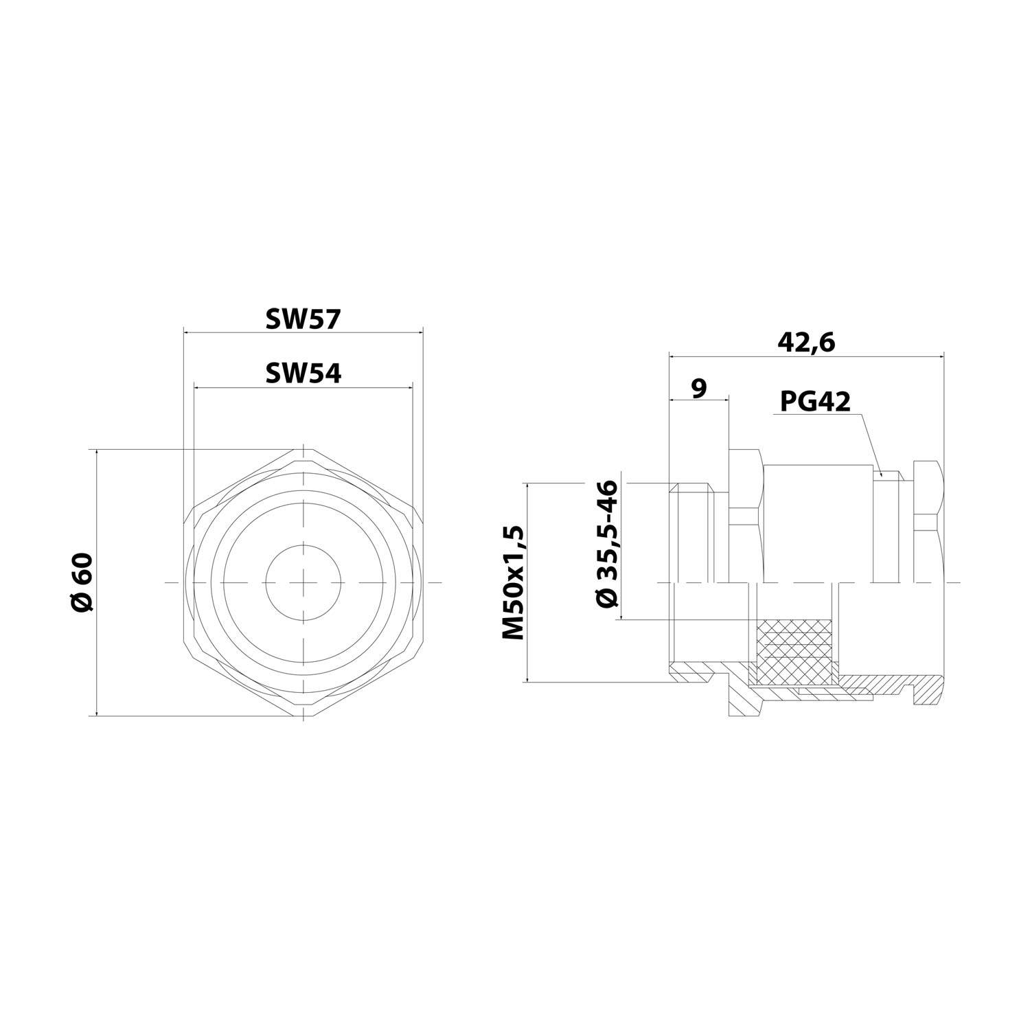 Technische Zeichnung eines Verbinders mit sechseckiger Umrisslinie. Maßangaben: SW57, SW54, M50x1.5, Durchmesser 60 und 35-46, PG42 Tiefe 42,6.