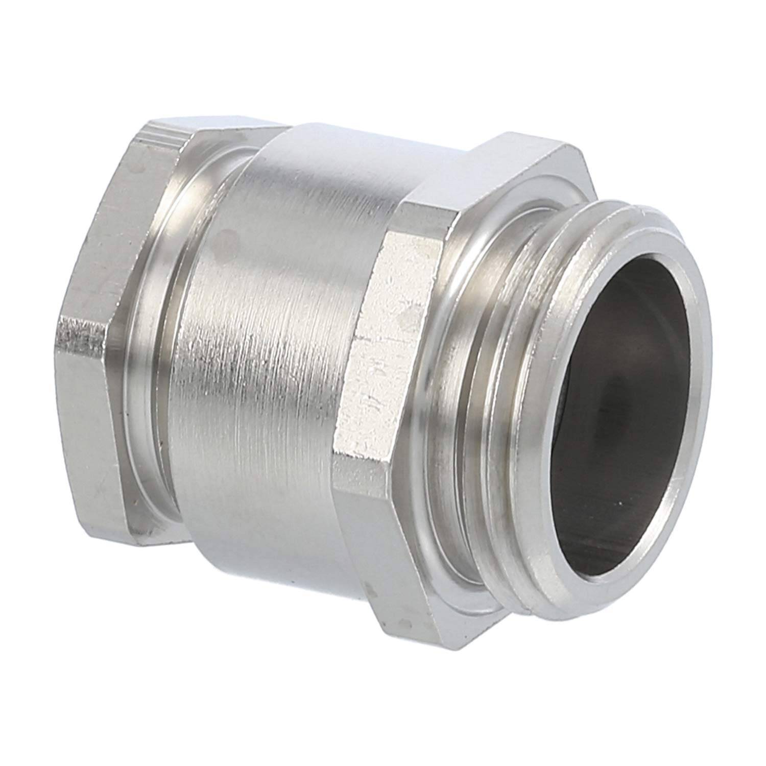 Ein metallischer industrieller Verbinder, zylindrisch geformt, mit Gewindelippen zum Anschließen von Rohren oder Kabeln, vor einem weißen Hintergrund.