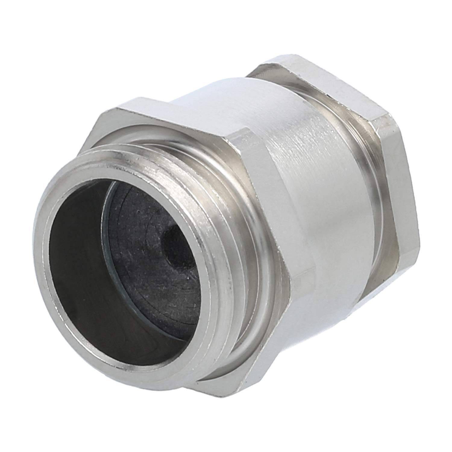 Ein metallischer zylindrischer Verbindungsstecker mit Gewindeende, der in der Klempnerei oder für mechanische Anwendungen zum Verbinden von Rohren oder Schläuchen verwendet wird.