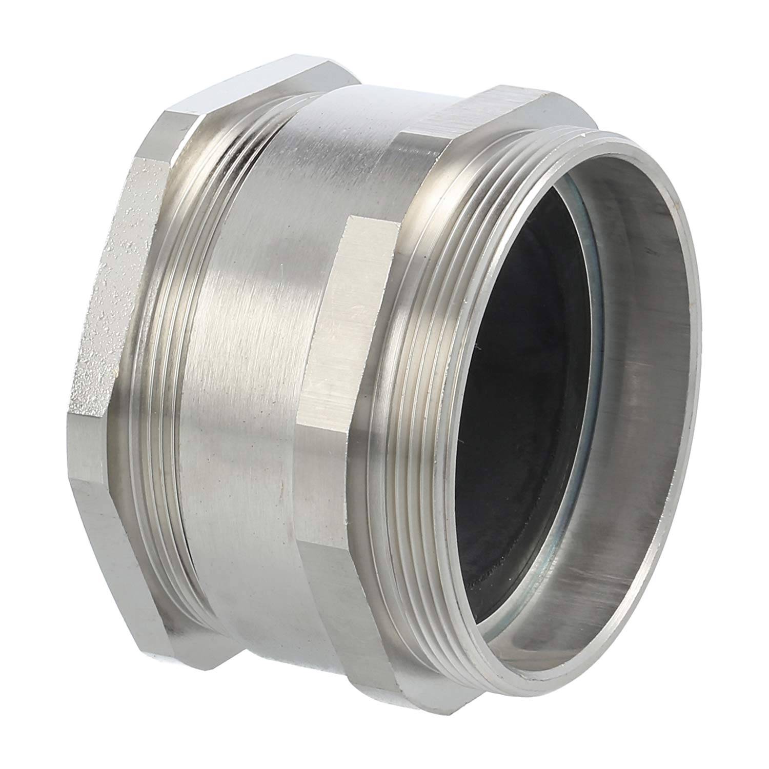 Eine metallische Gewindeverbindung mit sechseckigen Kanten, konzipiert für eine sichere Befestigung in Sanitär- oder Rohrleitungssystemen.