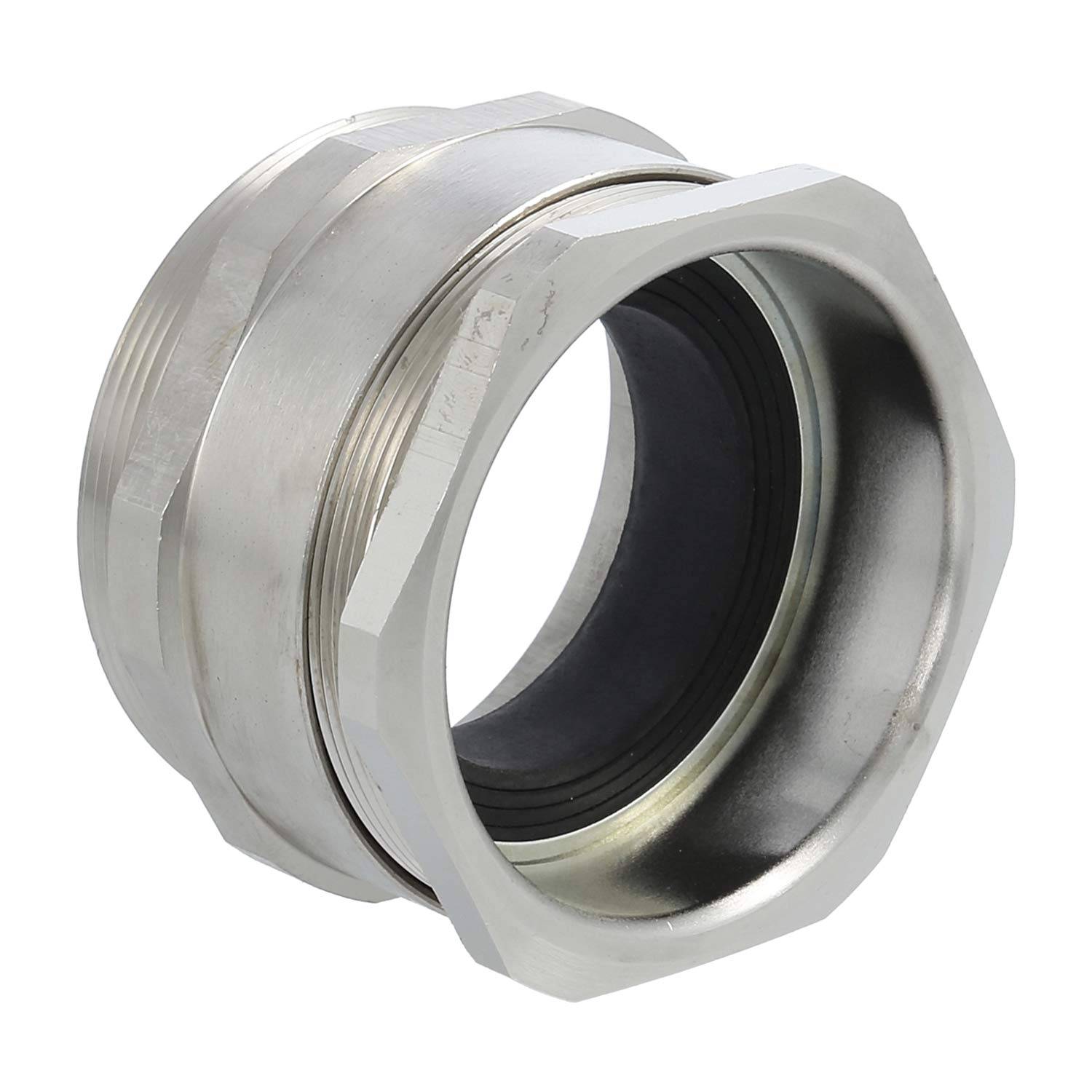 Ein Metallverbindungsverbinder, zylindrisch mit sechseckigen Enden, konzipiert für mechanische Baugruppen oder Fluidsysteme.