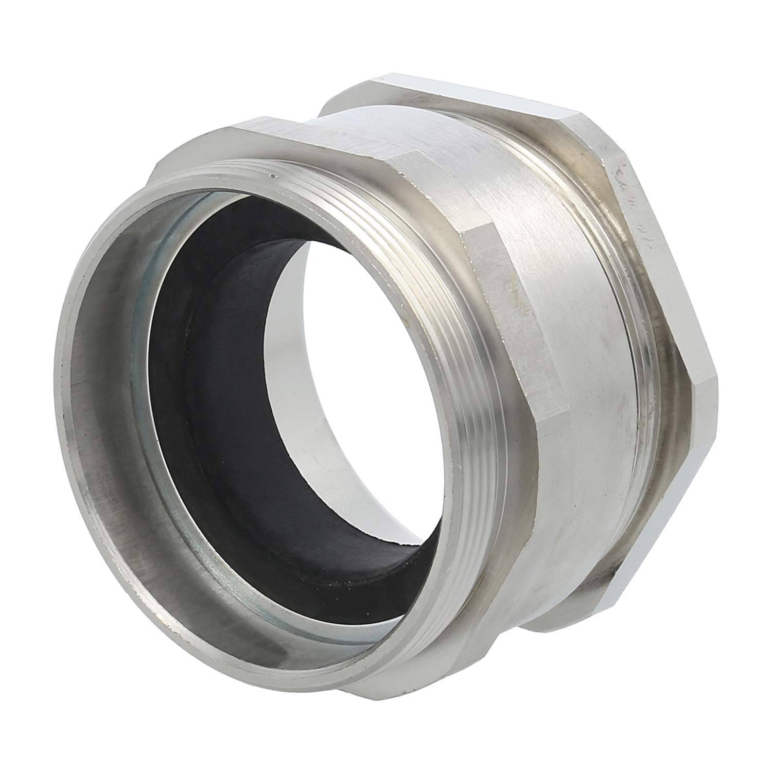 Eine Metall-Elektroinstallationsarmatur mit gewindeter Innenöffnung, sechseckiger Außenseite und Gummidichtung, verwendet zum Verbinden von Elektroleitungen.