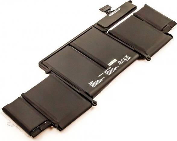 Ein schwarzer Laptop-Akku mit mehreren Zellen, der Spezifikationen und Sicherheitssymbole auf seiner Oberfläche zeigt.