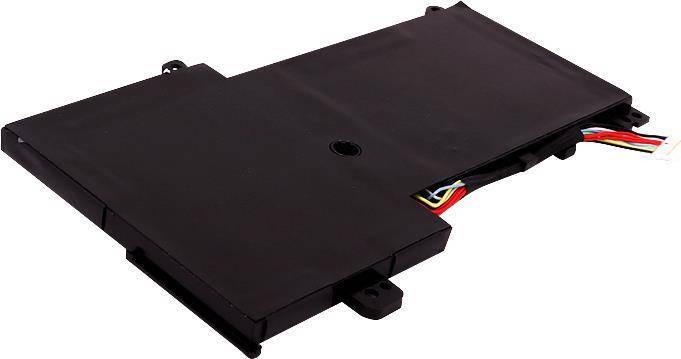 Ein rechteckiger schwarzer Laptop-Akku mit einem sichtbaren Bereich, aus dem rote, gelbe und schwarze Drähte von der Seite herausragen.