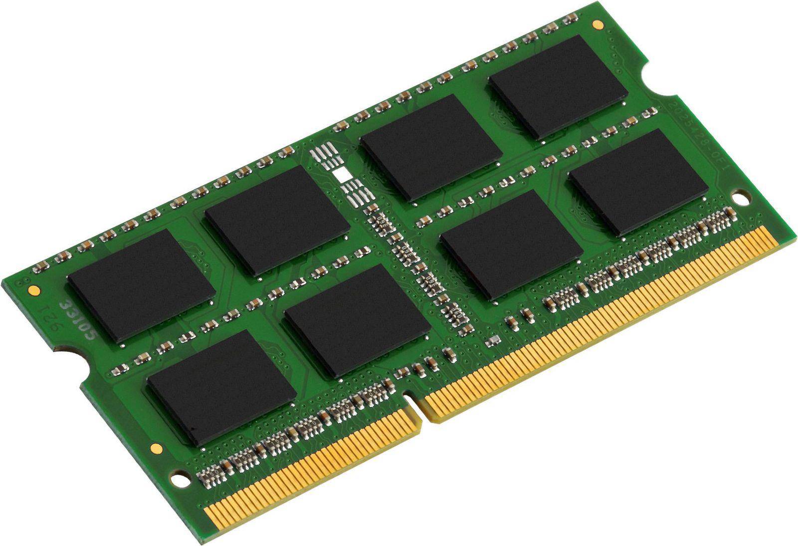 Ein Nahaufnahmebild eines grünen Computer-RAM-Moduls mit schwarzen Speicherchips und goldfarbenen Kontaktpunkten, das in der Datenverarbeitung zur Datenspeicherung verwendet wird.