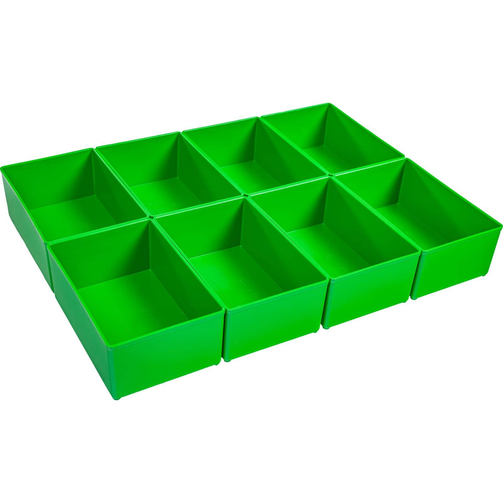 Neun grüne Plastik-Aufbewahrungsbehälter in einem 3x3-Raster angeordnet.