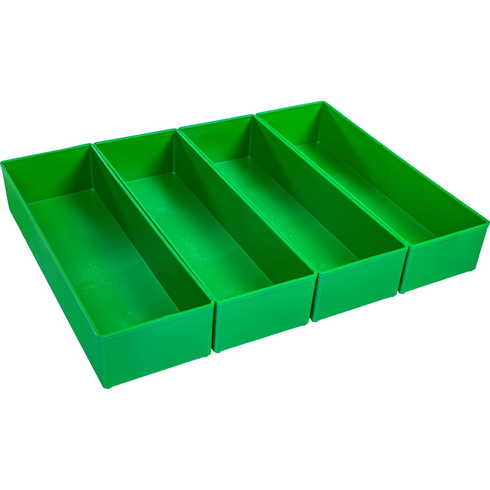 Vier grüne rechteckige Aufbewahrungskisten, nebeneinander in einer Reihe aufgestellt, mit nach oben gerichteter Öffnung, zur Organisation kleiner Gegenstände.