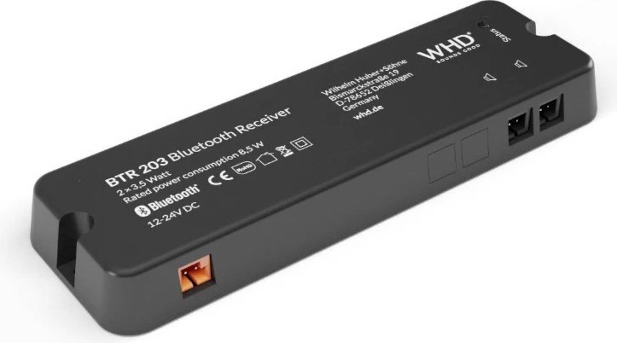 Schwarzes WHID BTR-203 Bluetooth-Empfängergerät mit Anschlüssen und gekennzeichneten Spezifikationen oben.