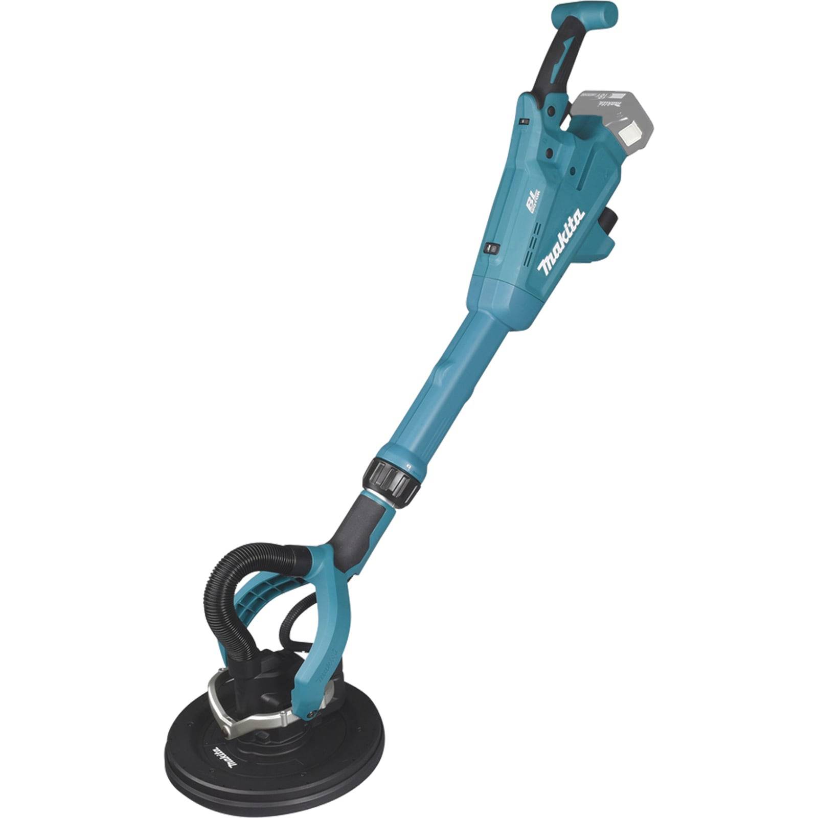 Ein blaues Elektrowerkzeug mit langem Griff und runder Basis, höchstwahrscheinlich zum Schleifen oder Polieren verwendet, mit einem Akkufach an der Oberseite.