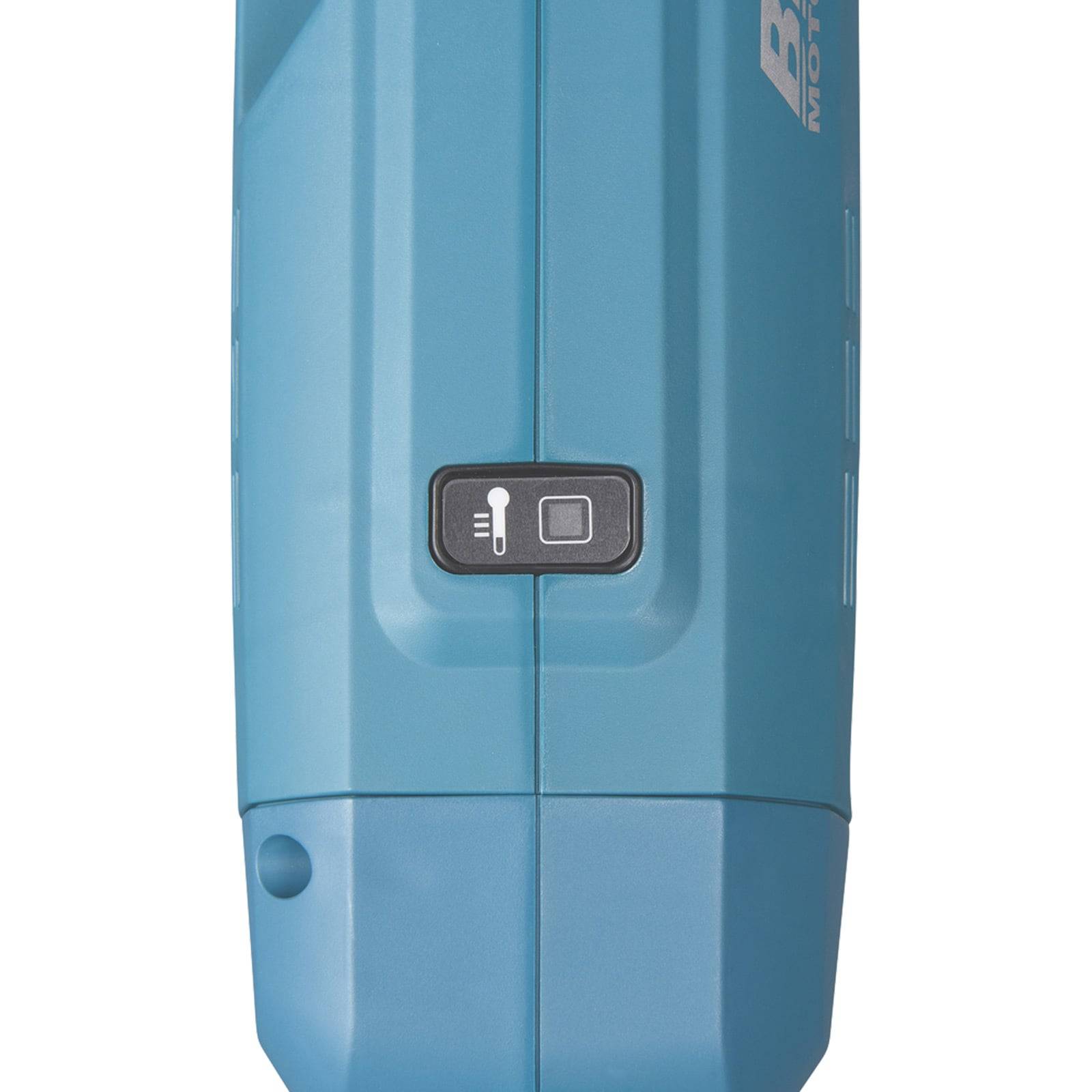 Eine blaue kabellose Akku-Batterie für Elektrowerkzeuge mit einer Poweranzeige-Taste an der Vorderseite.