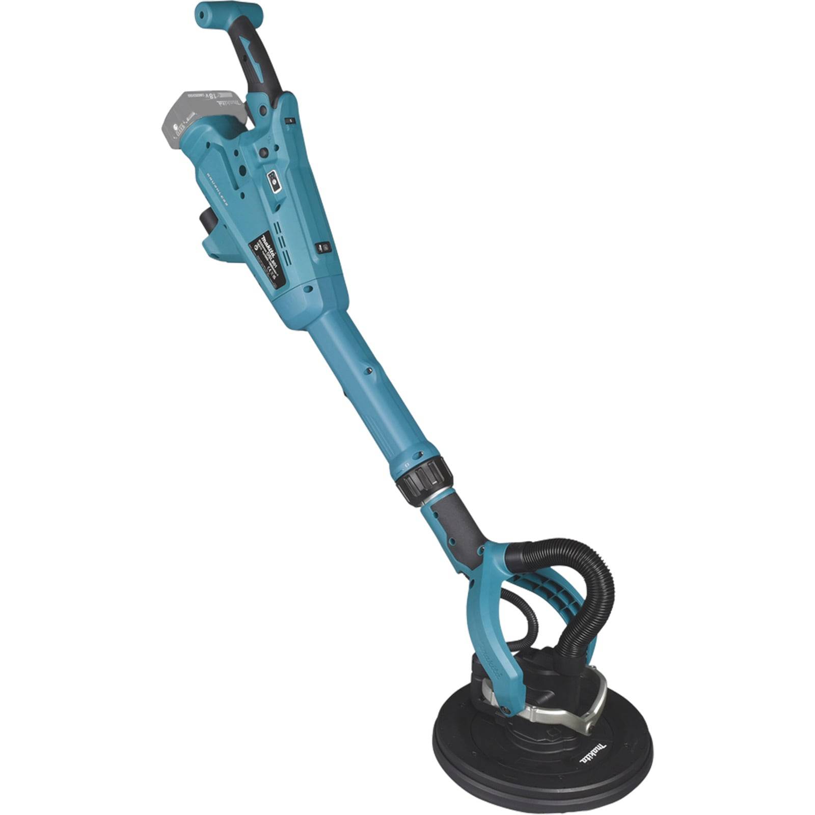 Eine blaue elektrische Trockenbauschleifmaschine mit verstellbarem Griff und runder Schleifplatte, entwickelt zum Glätten von Oberflächen.