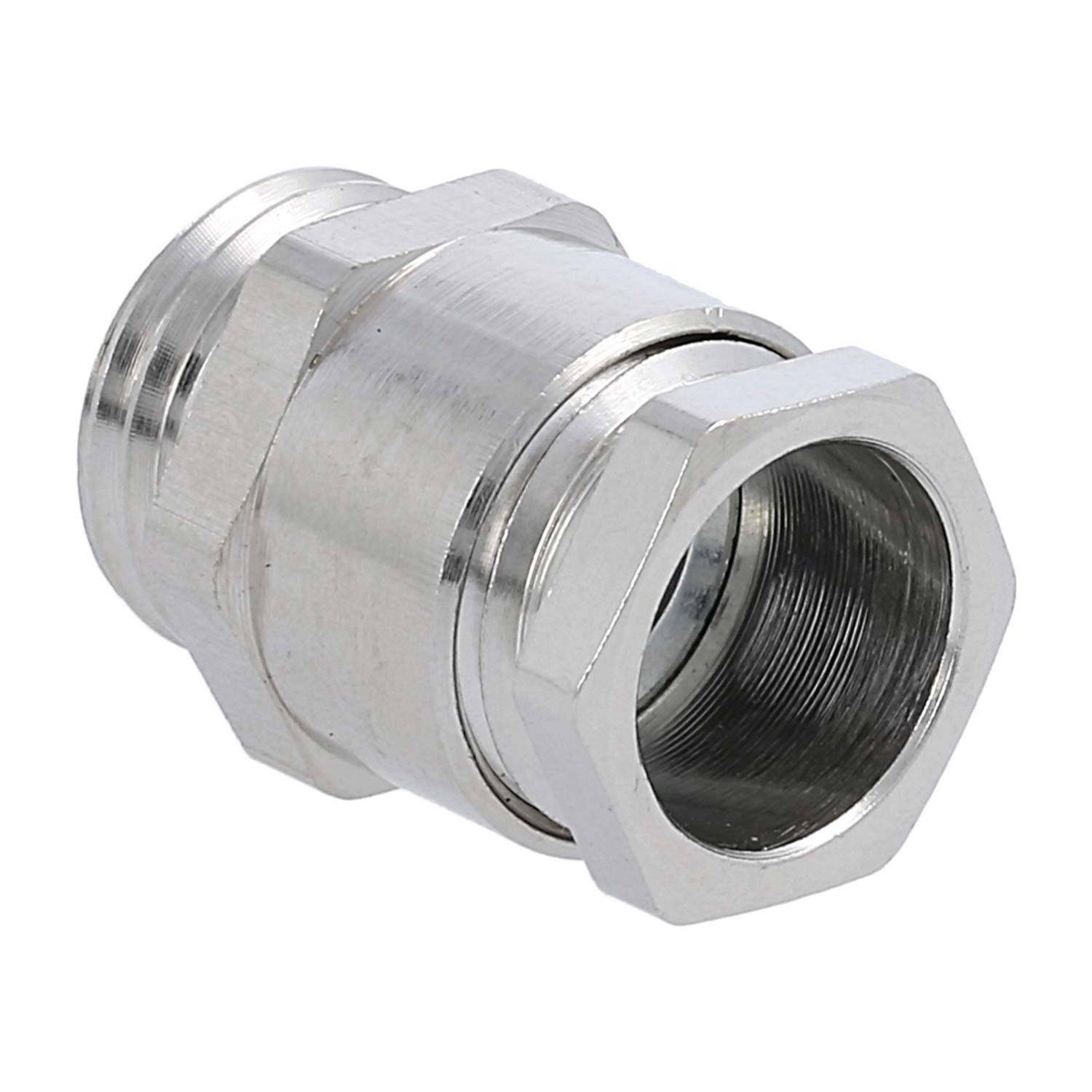 Ein metallischer sechseckiger Verbinder mit Gewindeanschlüssen, der zum Verbinden von Rohren in der Sanitär- oder Industrieanwendung verwendet wird.