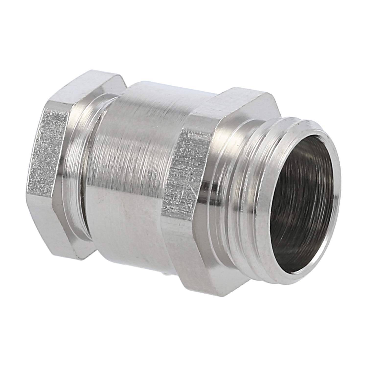 Ein silberner Metallverbinder mit sechseckigen Enden und einem zylindrischen Körper, der zum Verbinden von Rohren oder Schläuchen in Sanitär- oder mechanischen Systemen verwendet wird.