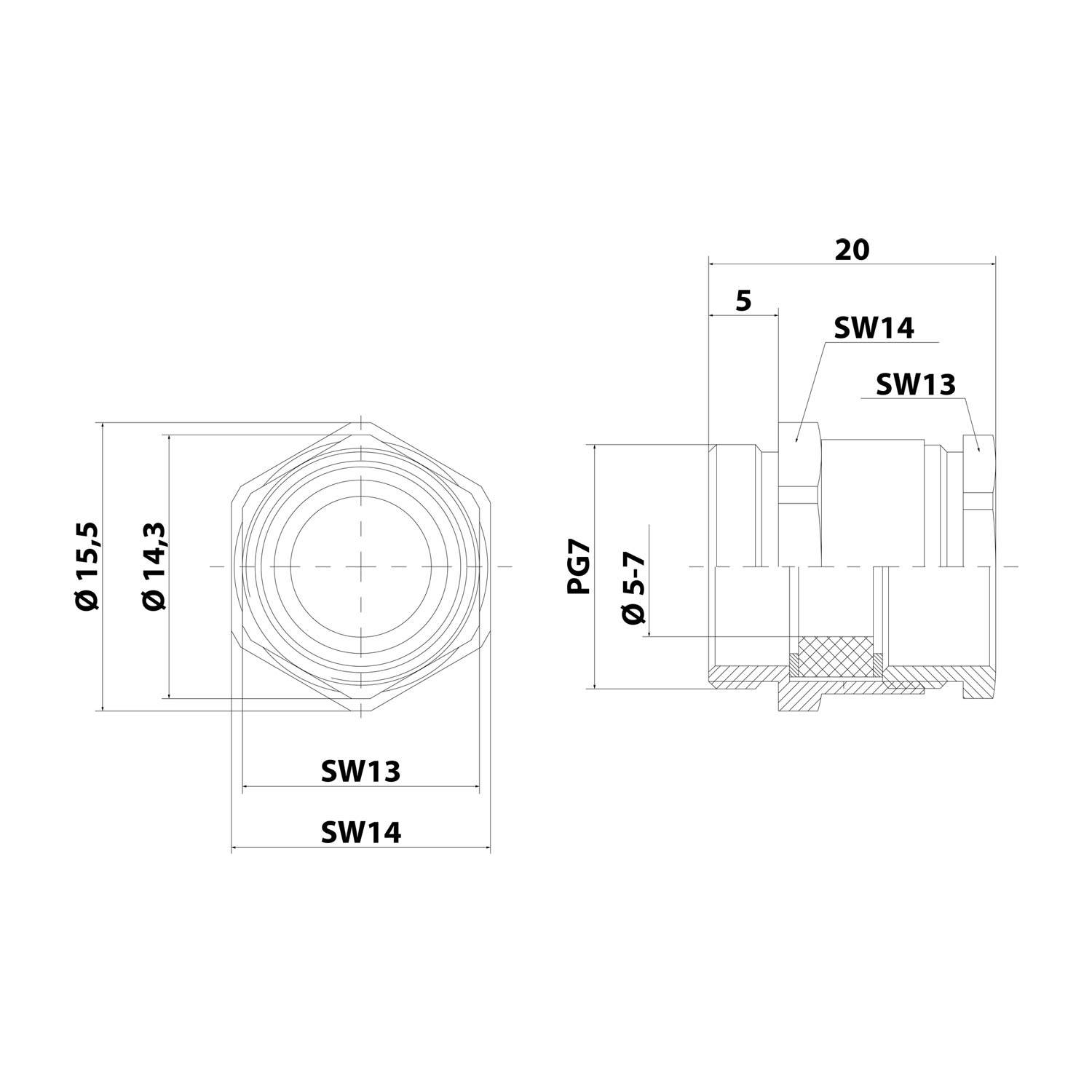 Technische Zeichnung einer Sechskantmutter mit Abmessungen. Frontansicht zeigt 'ø15,5', 'ø14,3', 'SW13' und 'SW14'. Seitenansicht enthält '20', '5', 'SW14', 'SW13', 'PG7' und 'ø5-7'.