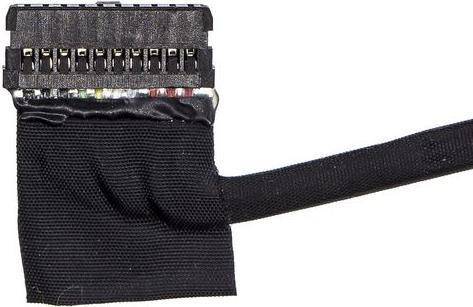 Ein schwarzes Flachbandkabel mit mehreren farbigen Drähten ist gebündelt und am Steckerende mit einer schwarzen Schutzabdeckung umwickelt.