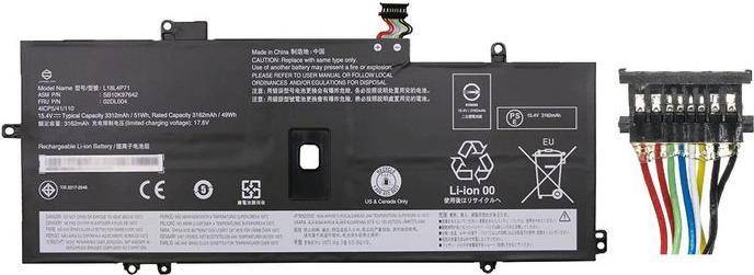 Rechteckige Lithium-Ionen-Laptop-Batterie mit Warnkennzeichnungen und Recycling-Symbol.
