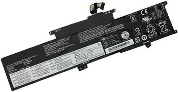 Laptop-Akku mit schwarzem Gehäuse und Etikett, das Spezifikationen, Sicherheitswarnungen und Recycling-Symbole anzeigt. Von oben erstrecken sich Drähte.