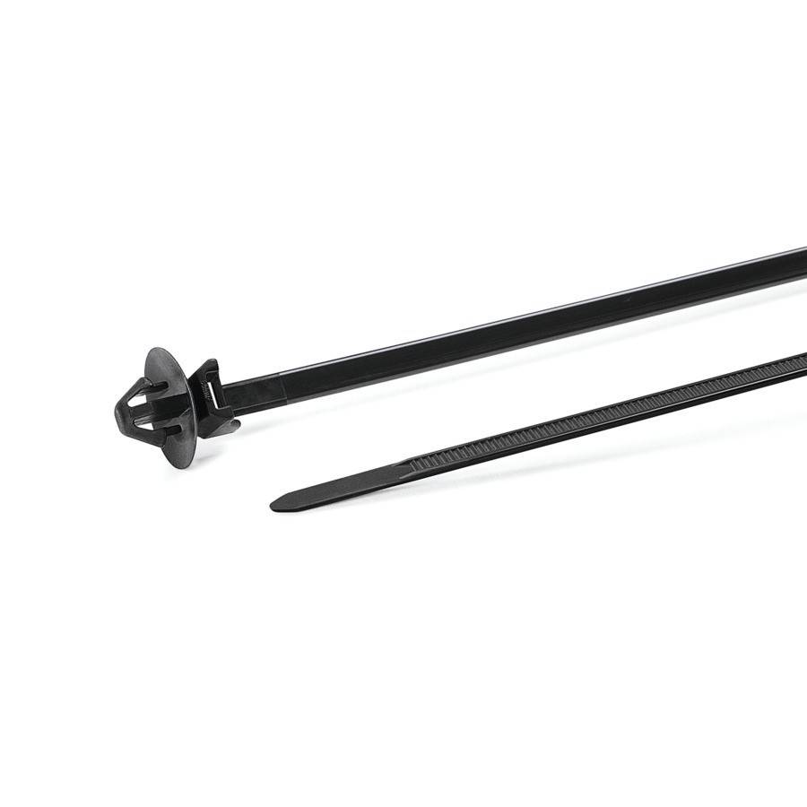 Eine lange schwarze Kabelbinder mit einer kleinen Öse an einem Ende zum Befestigen von Kabeln.