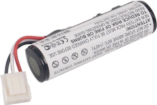 Eine zylindrische Lithium-Ionen-Batterie mit Anschluss, mit Sicherheits- und Entsorgungsanweisungen in Englisch und Symbolen für Vorsicht und Recycling.