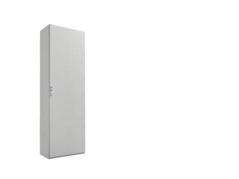 Ein hoher, geschlossener grauer Schrank steht vor einem weißen Hintergrund, mit einem schlichten, minimalistischen Design und einem kleinen Griff an der Seite.