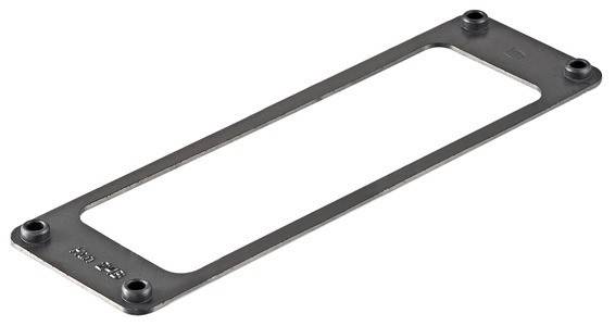 Eine rechteckige Metallhalterung mit vier Eckschrauben, die zum Montieren oder Befestigen von Komponenten verwendet wird.