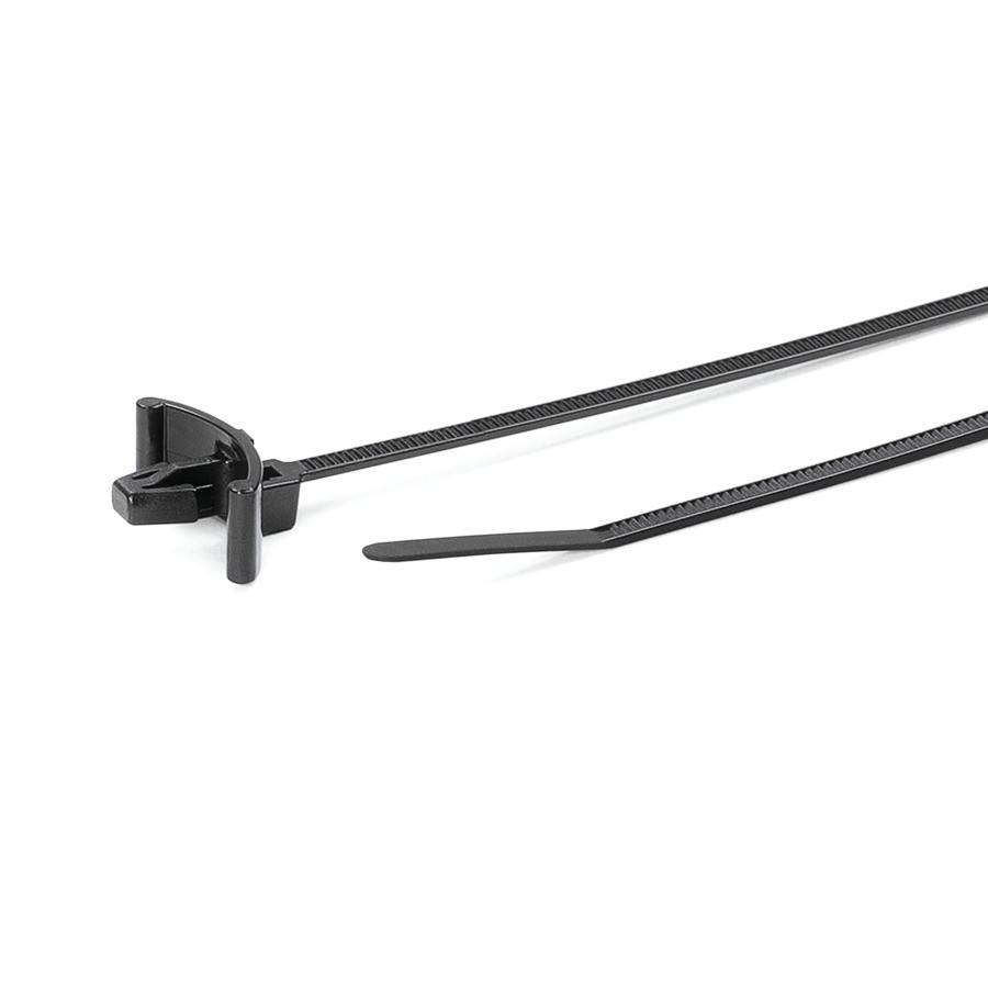 Eine schwarze Kabelbinder mit einer Verschlussmechanik, die zum Zusammenbinden von Gegenständen verwendet wird.
