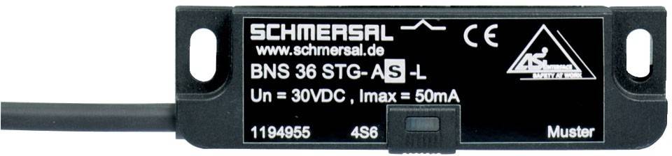 Schwarzer Schmersal BNS 36 Sicherheitssensorschalter mit angebautem Kabel, gekennzeichnet mit 30VDC, Imax 50mA und CE-Kennzeichnung.