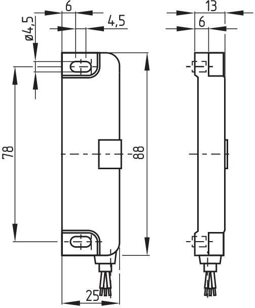 Technische Maßzeichnung eines schlanken rechteckigen Geräts, dargestellt in Front- und Seitenansicht mit den Abmessungen 78, 88, 25, 13, 6, 4,5 und Ø4,5.