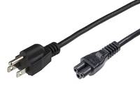 Ein schwarzes Stromkabel mit einem dreipoligen Stecker auf der einen Seite und einem zweilochigen Anschluss auf der anderen Seite.