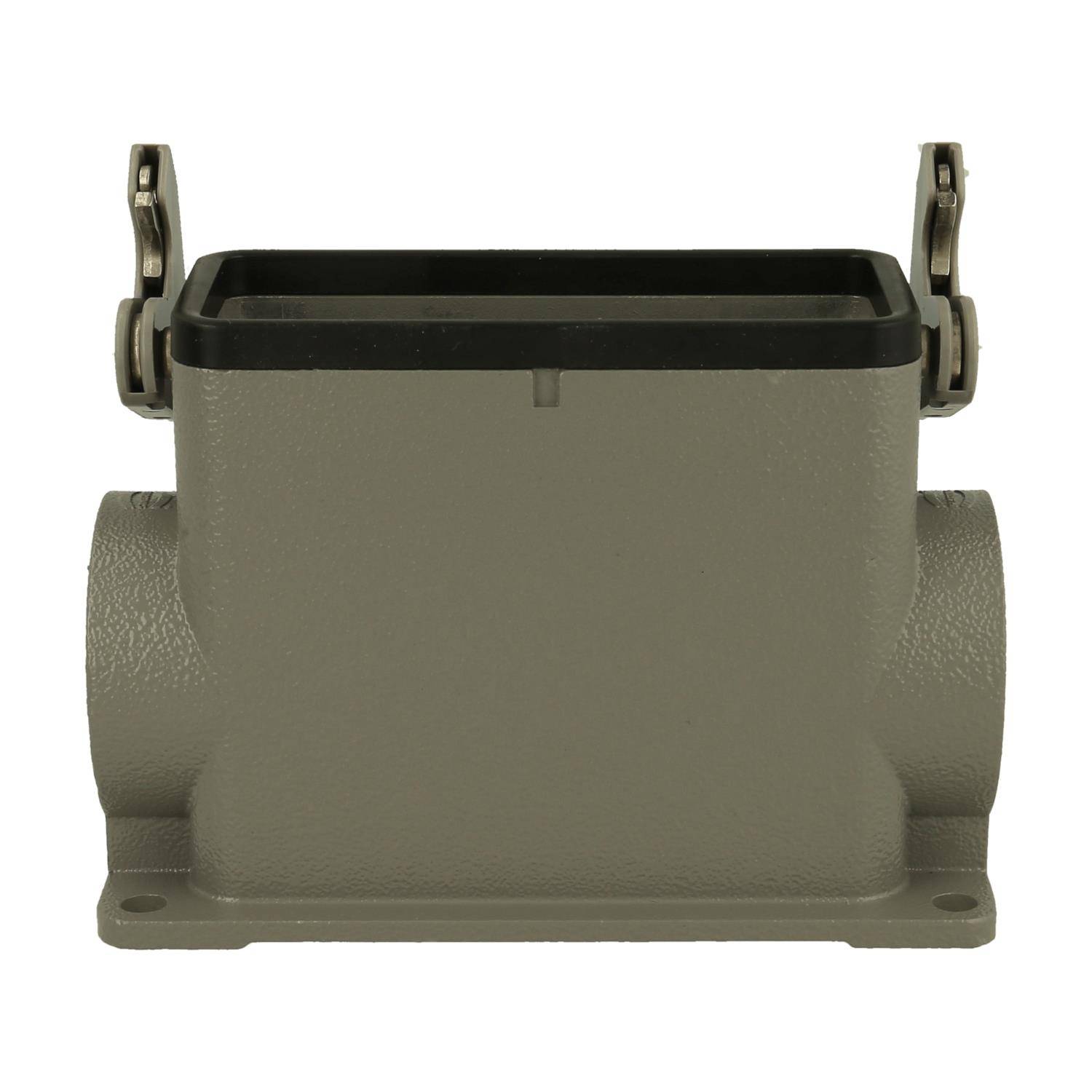 Rechteckiges, graues industrielles Anschlussgehäuse mit zwei Metallverriegelungen an den Seiten, von vorne dargestellt.