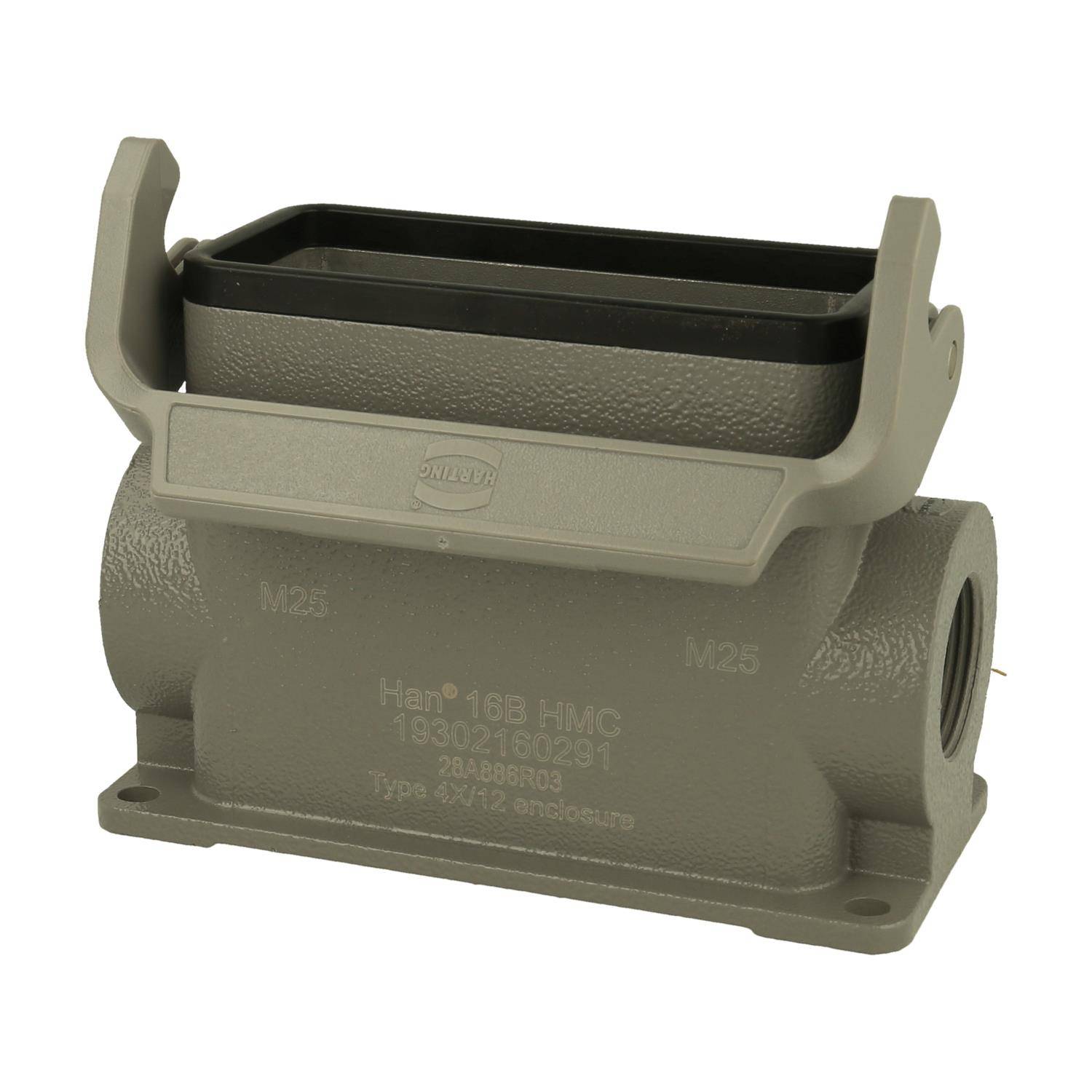 Ein graues industrielles Anschlussgehäuse mit erhöhten Griffen, mit Modellnummer und Spezifikationen beschriftet. Verwendet für sichere elektrische Verbindungen.