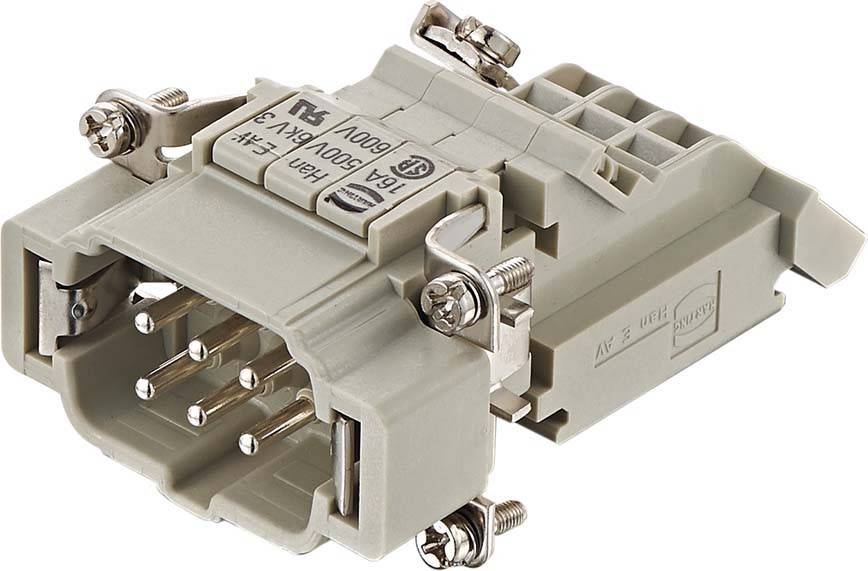 Ein beiger, robuster industrieller Steckverbinder mit mehreren Metallstiften, beschriftet mit '250V 16A', der für dauerhafte elektrische Verbindungen konzipiert ist.