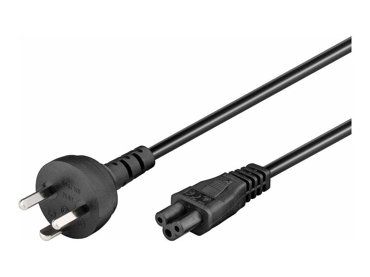 Schwarzes Stromkabel mit zweipoligem Stecker und Achterverbinder auf weißem Hintergrund.