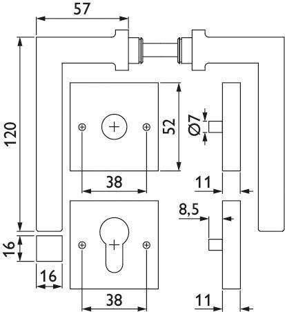 Diagramm eines Türgriffs mit detaillierten Abmessungen: Gesamthöhe 120mm, Griffdurchmesser Ø7mm, Plattendimensionen 38x52mm und Verriegelungsbereich detailliert.