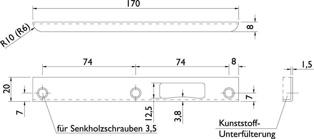 Technische Zeichnung einer Halterung mit Abmessungen: 170mm Länge, 74mm Lochabstand, 3,5mm Schraubengröße und 12,5mm sowie 3,8mm weitere Messwerte.