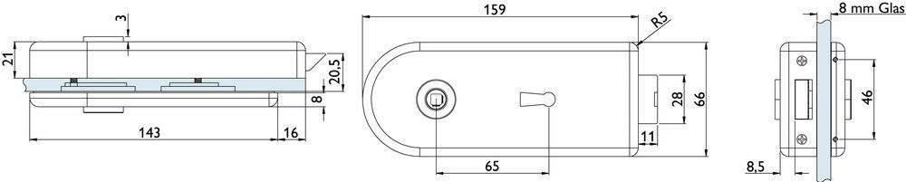 Diagramm einer Türklinke mit Abmessungen: 159mm Länge, 65mm Breite. Enthält ein Schlüsselloch und eine Griffindikator.