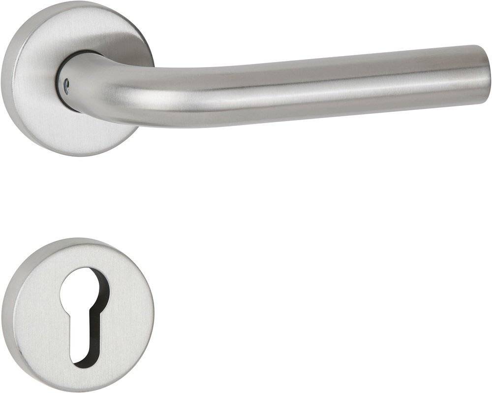Ein Türgriff aus Edelstahl mit modernem Design und einer passenden Schlüssellochplatte, geeignet für zeitgenössische Innenräume.