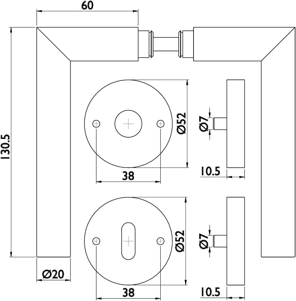 Technische Zeichnung eines Türklinken-Sets mit Abmessungen: 130,5 mm Länge, 60 mm Breite, mit Kreisplatten von 52 mm Durchmesser.