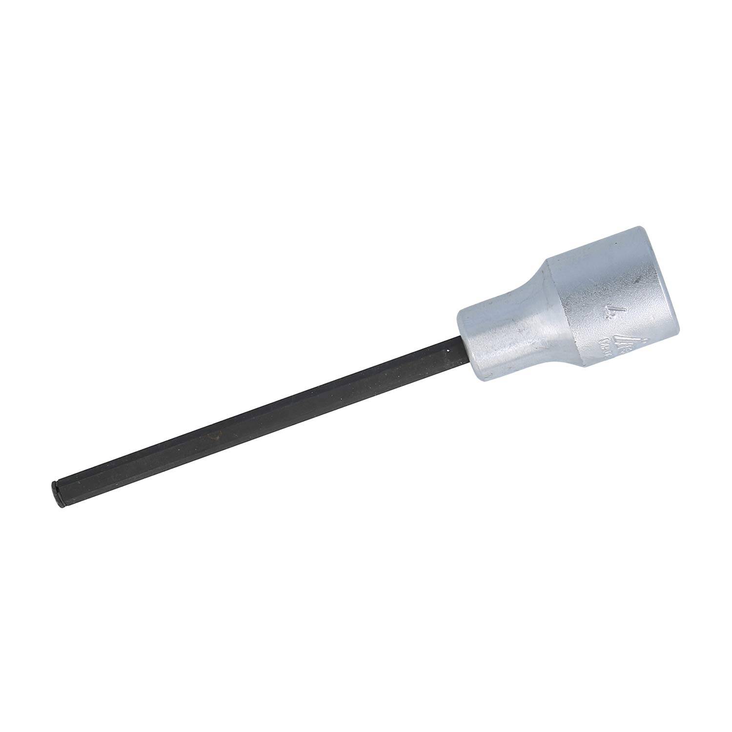 Ein Sechskant-Schraubendrehe-Bit mit einem Metallschaft und einer sechseckigen Antriebsspitze, der zum Einsetzen in ein Elektrowerkzeug oder einen Schraubendreher zum Drehen von Sechskantschrauben verwendet wird.