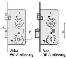 WC-Ausführung' und 'BB-Ausführung' Vergleichsdiagramm zeigt Anordnung mechanischer Komponenten mit Unterschieden in der Positionierung von Bauteilen.