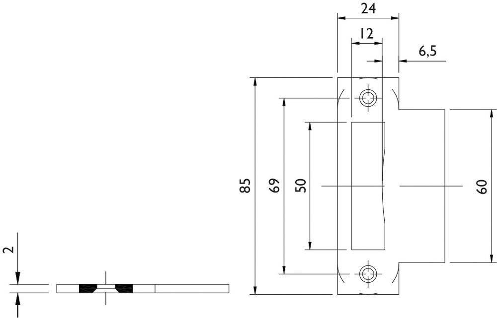 Technische Zeichnung einer rechteckigen Türschnappplatine. Abmessungen betragen 85 mm x 24 mm, mit einem mittleren Bereich von 69 mm x 12 mm.
