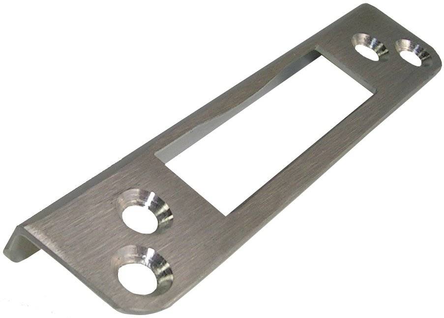 Eine metallische Türklingel-Schlagplatte mit drei Bohrungen, entworfen zur Montage am Türrahmen, um den Bereich zu verstärken, wo der Schnappriegel eingreift.